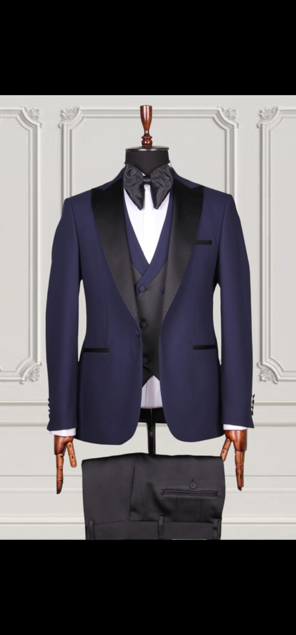 Navy Blue Tuxedo Suit - Three-Piece with Black Satin Lapel