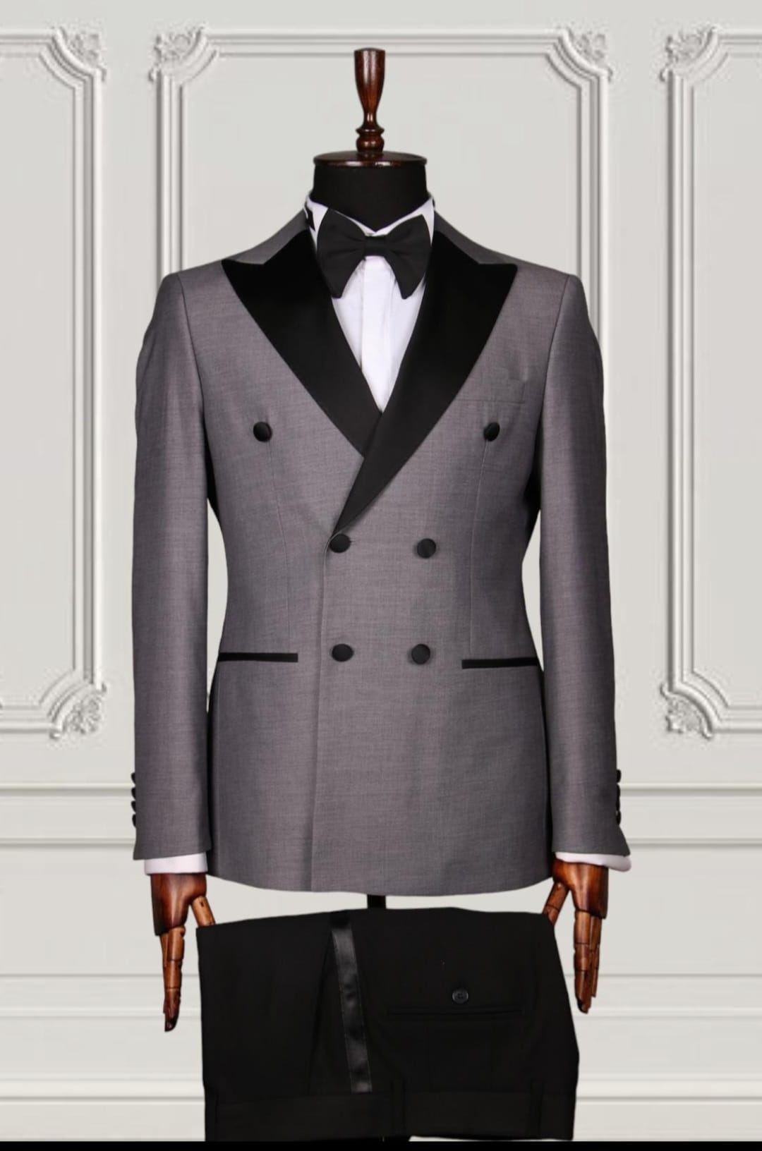 Grey Double-Breasted Tuxedo Jacket with Black Satin Lapel