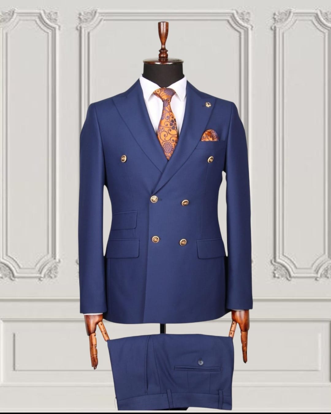 Navy Blue Double-Breasted Suit with Gold Buttons