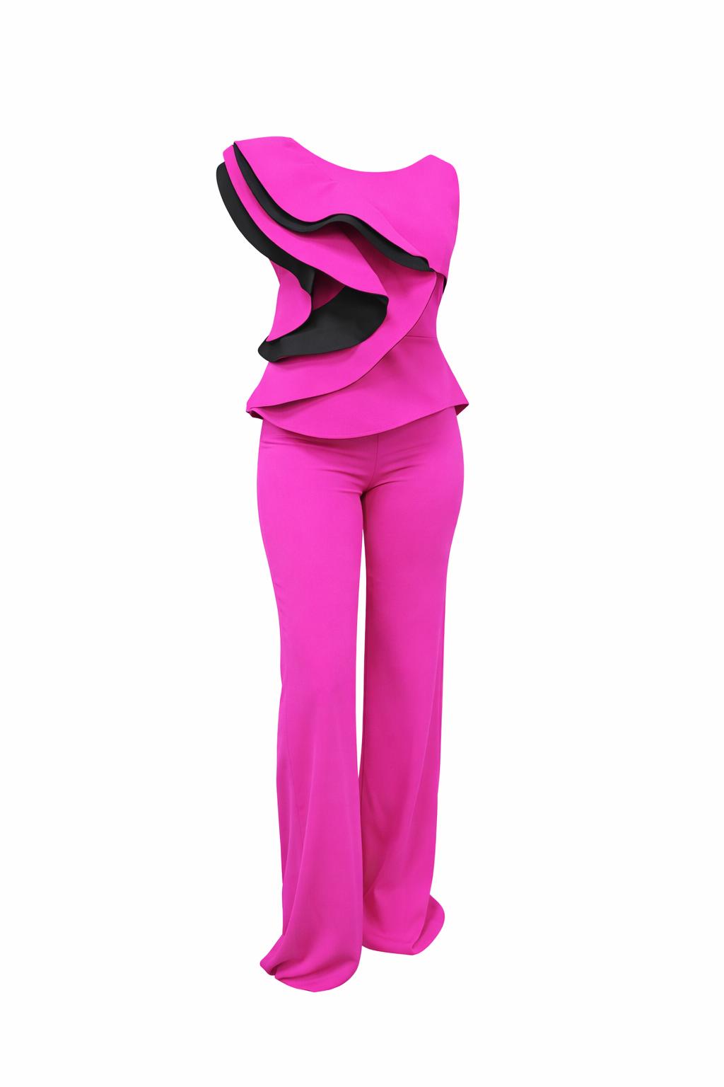 Hot Pink Ruffle Top & Wide-Leg Pants Set - Two-Piece