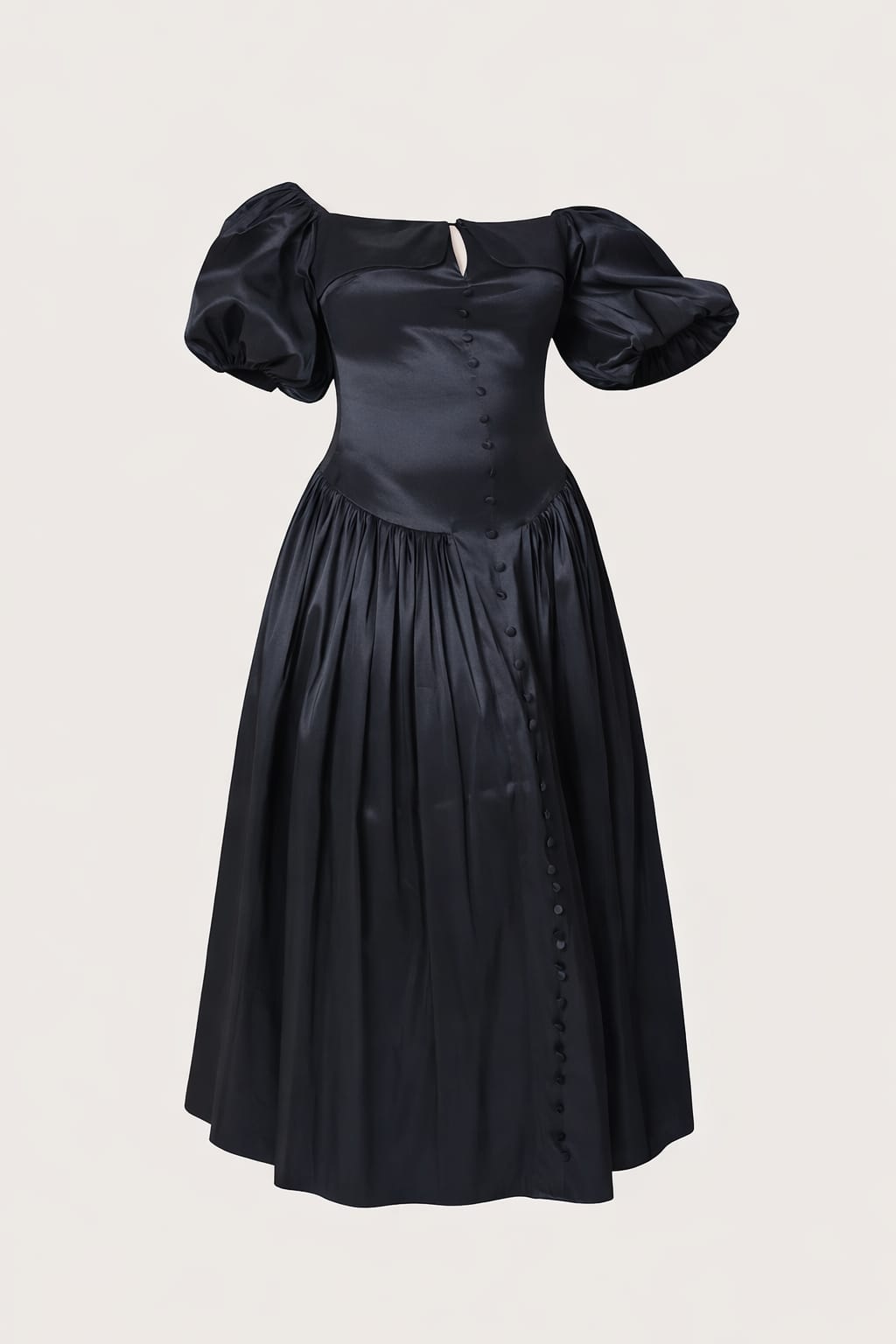 Off-Shoulder Puff Sleeve Formal Dress with Button Front