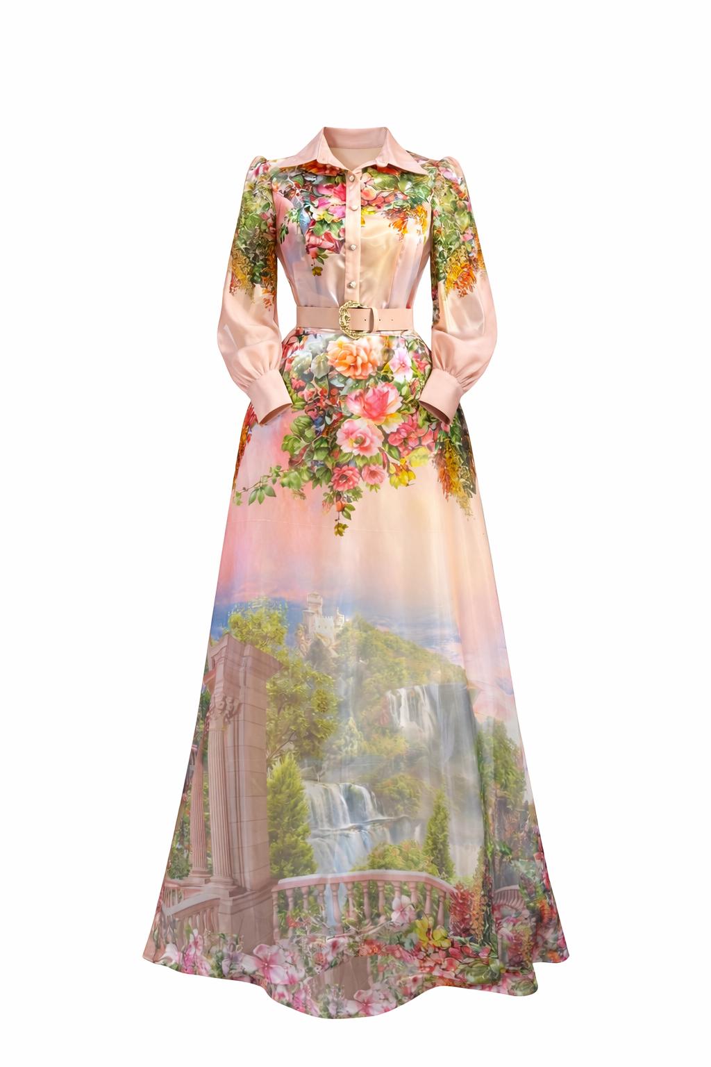 Floral Print Belted Maxi Dress with Collar & Long Sleeves