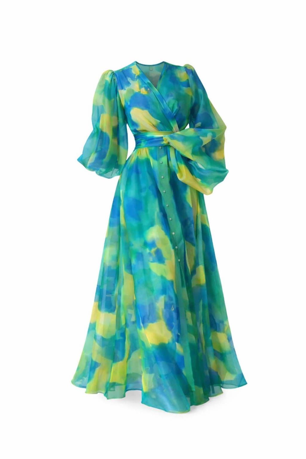 Printed Chiffon Maxi Dress with Puff Sleeves